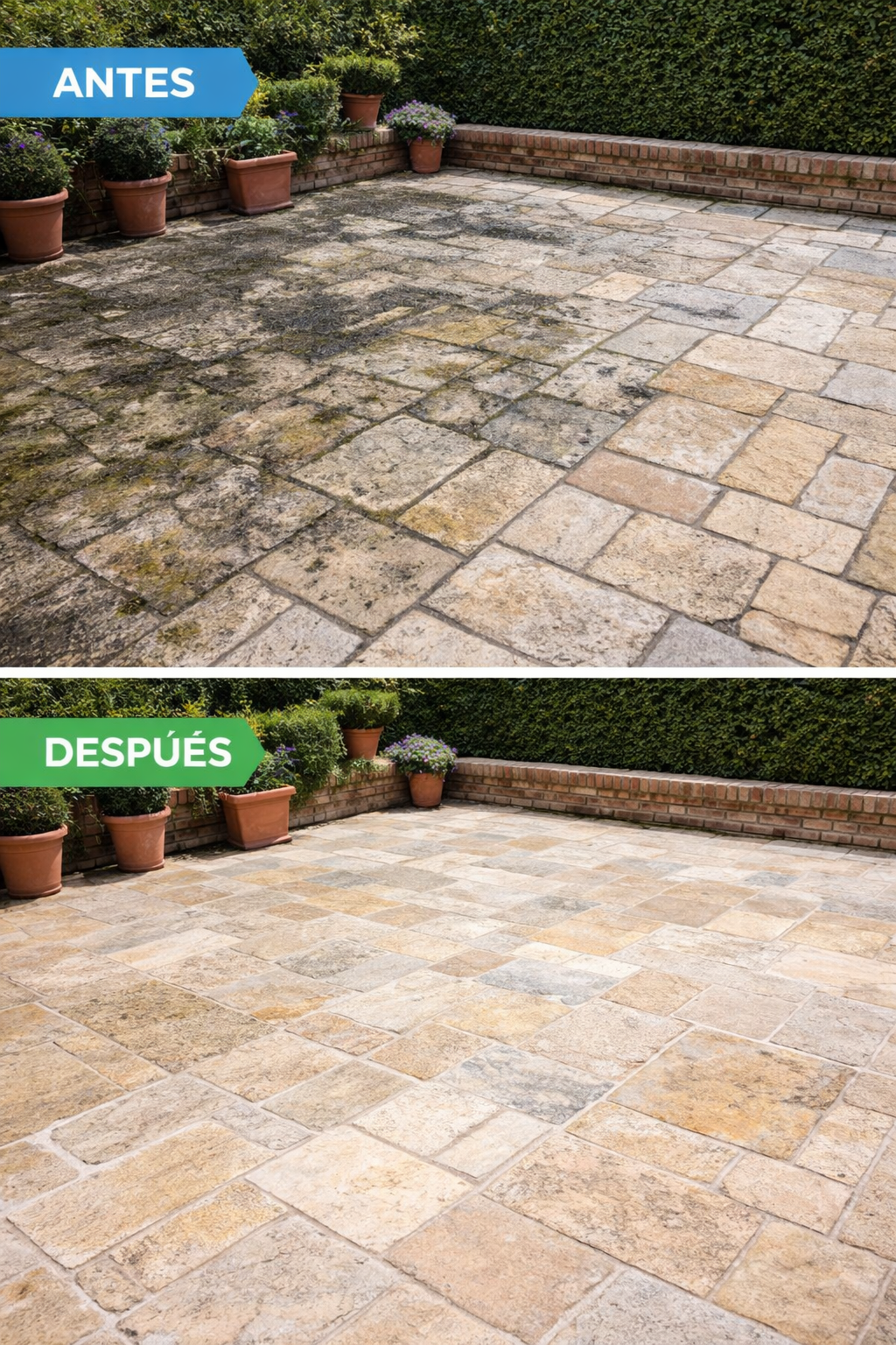 Limpieza profesional de terraza con agua a presión