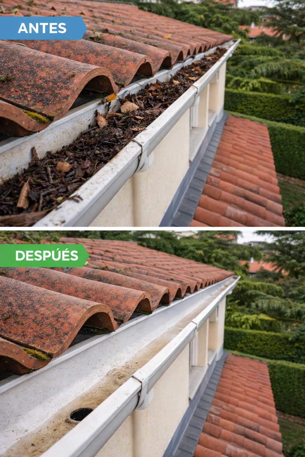 Antes y después – limpieza de canalones